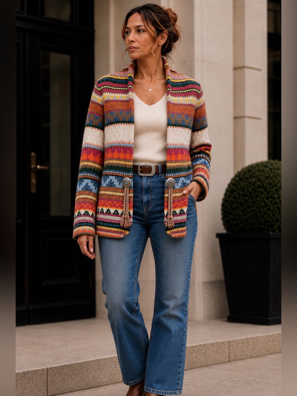 Fair Isle Womens Chunky Cardigan Sweater M Boho Indie Southwestern Concho Tassel - Picture 16 of 16